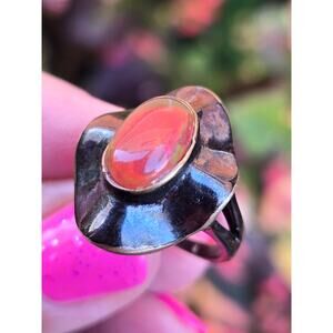 Vintage Oxidized Sterling Silver Lab Created Fire Opal Modernist Ring, Size 7